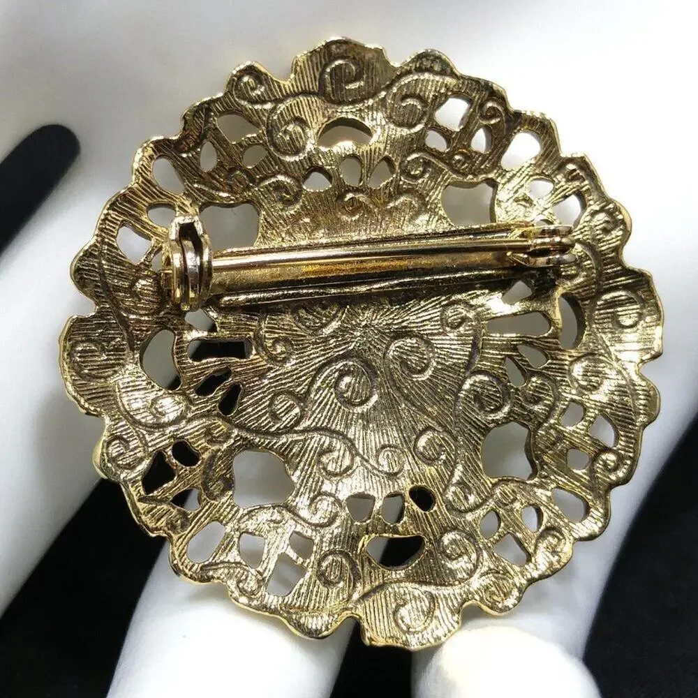 Vintage 1928 Faux Pearl Brooch, Gold Tone Filigree Patterned Back, 1990s, 1 1/2